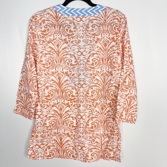 J McLaughlin XSmall XS Coral Orange Blue Printed Split V Neck Tunic Cotton Top - Picture 2 of 7